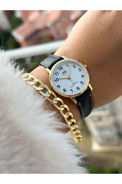 Q&Q Brand Retro White Color, 24 Months Warranty, Waterproof, Leather Strap with Numbers Women's Wristwatch+Bracelet