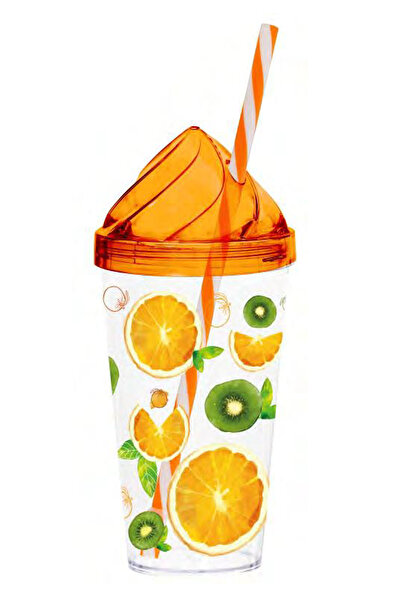 krommet Orange Pattern Cream Lid Glass with Straw 660 Cc