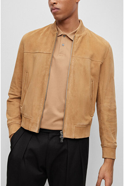 BOSS Erkek Çift Yönlü Fermuarlı Deri Bomber Bej Ceket 50494621-260