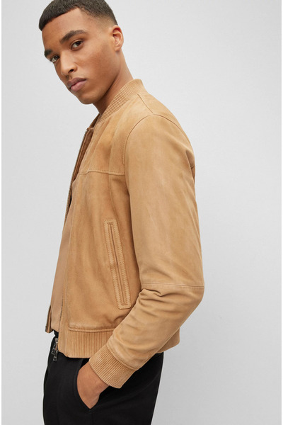 BOSS Erkek Çift Yönlü Fermuarlı Deri Bomber Bej Ceket 50494621-260