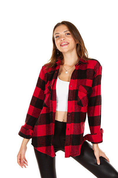 BENESSE Slim Fit Κόκκινο Μαύρο Καρό Unisex Ξυλοκόπο πουκάμισο