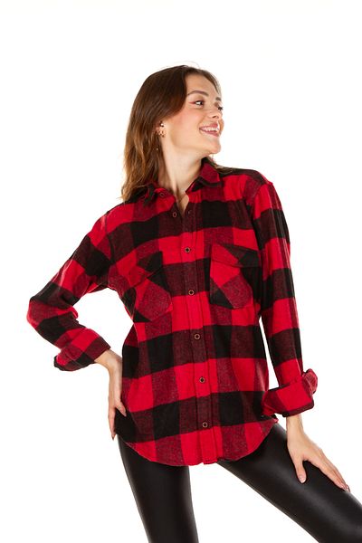 BENESSE Slim Fit Red Black Plaid Unisex Lumberjack Shirt