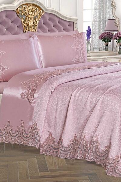 Dekoreko Çift Kişilik Sultan Pike Takımı 6 Parça Pudra 3 kenar