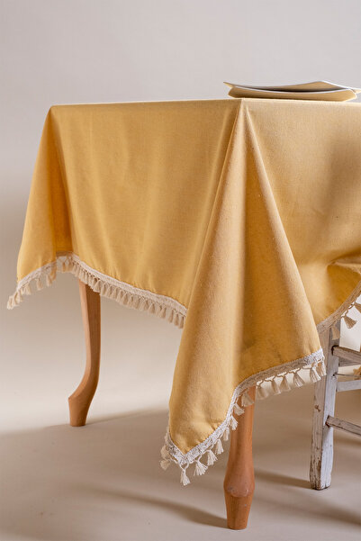 vivamaison Yellow Colored Cotton Pompom Tablecloth