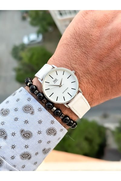 Q&Q Brand Retro White Color, 24 months Warranty, Waterproof, Leather Strap Men's Wristwatch+Bracelet