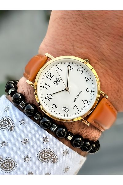 Q&Q Retro Tan Color 24 months Warranty, Waterproof, Leather Strap with Numbers Men's Wristwatch+Bracelet