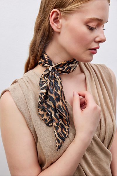 THE MOON Wild Leopard Patterned Sparkly Brown Cotton Silk Scarf Bandana