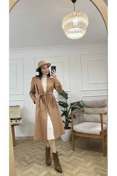 My Blog Kabát s velbloudím páskem, podšívkou, detail do kapsy, kašmírový kabát