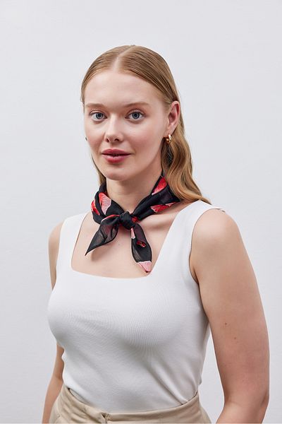 THE MOON Textured Red Chiffon Scarf with Poppy Flower Pattern
