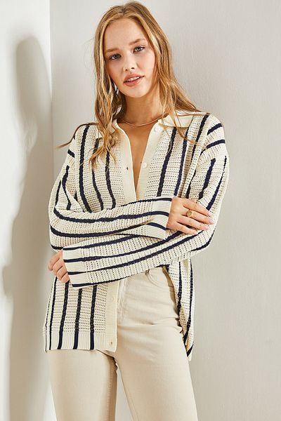 Bianco Lucci Damen-Strickjacke mit Hemdkragen und langen Ärmeln