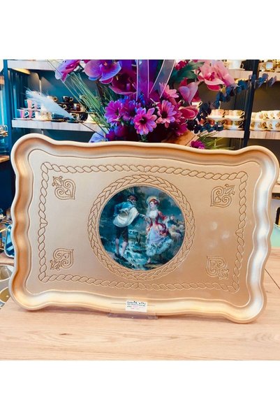 GaleriaHome Ahşap Dikdörtgen Gold Romeo&Juliet Desen Sunum Servis Tepsisi 49x33
