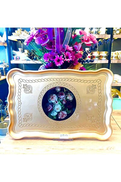 GaleriaHome Ahşap Dikdörtgen Gold Gül Desen Sunum Servis Tepsisi 49x33