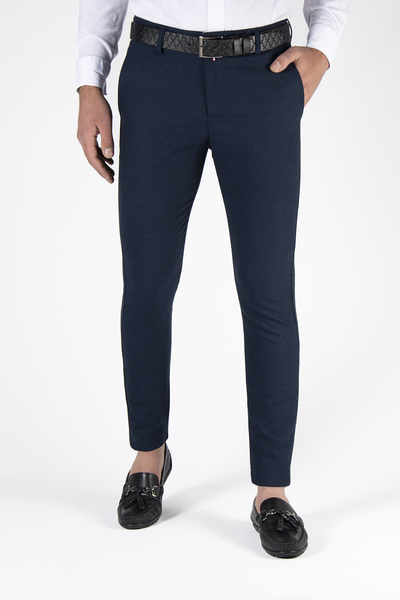 VEAVEN Erkek Lacivert Slim Fit Nokta Dokulu İtalyan Kesim Keten Pantolon
