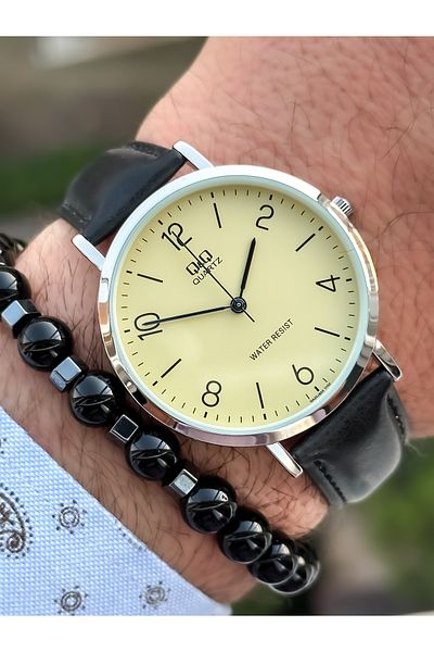 Q&Q Brand Retro Black Color 24 months Warranty, Waterproof, Leather Strap Men's Wristwatch+Bracelet