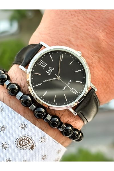 Q&Q Brand Retro Black Color Waterproof Leather Strap Men's Wristwatch Bracelet