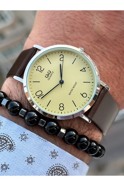 Q&Q Retro Brown Waterproof Leather Band Men's Wristwatch+Bracelet
