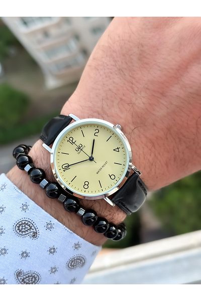 Q&Q Brand Retro Black Color 24 months Warranty, Waterproof, Leather Strap Men's Wristwatch+Bracelet