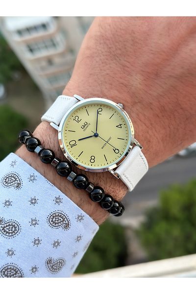 Q&Q Brand Retro White Color 24 months Warranty, Waterproof, Leather Strap Men's Wristwatch+Bracelet