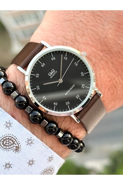 Q&Q Brand Retro Brown 24 months Warranty, Waterproof, Leather Strap Men's Wristwatch+Bracelet