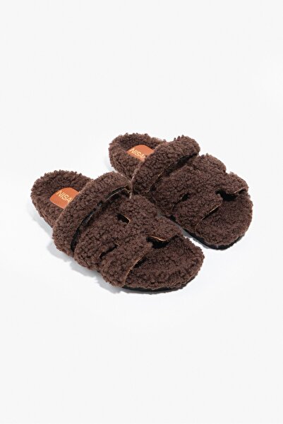 NİŞANTAŞI SHOES Zowie Kahve Tüylü Düz Taban Kadın Terlik