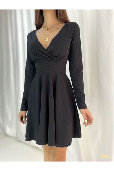 Secret Passion Lingerie Μαύρο ελαστικό ύφασμα κρεπ - βραδινό φόρεμα επιστροφής στο σπίτι με διπλό στήθος λαιμόκοψη και μακρυμάνικη φούστα 582255   709