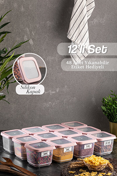 Meleni Home 12'li Rosie Silikon Kapaklı Kare Erzak Saklama Kabı Seti 12x500 m...