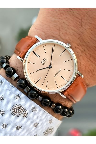 Q&Q Retro Brown 24 months Warranty, Waterproof, Leather Strap Men's Wristwatch + Bracelet