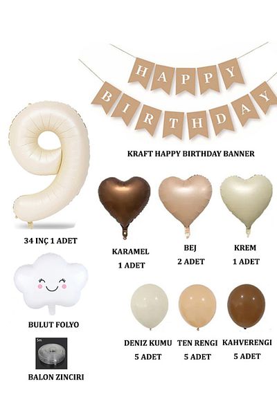 Patladı Gitti 9 Year Old Retro Birthday Set; Cream Number Foil, Banner, Heart Foil and Latex Balloon