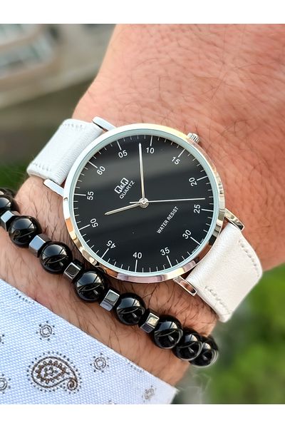 Q&Q Brand Retro White Color Leather Strap Men's Wristwatch+Bracelet