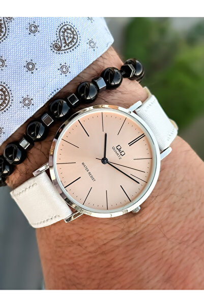 Q&Q Retro White Color 24 months Warranty, Waterproof, Leather Strap Men's Wristwatch+Bracelet