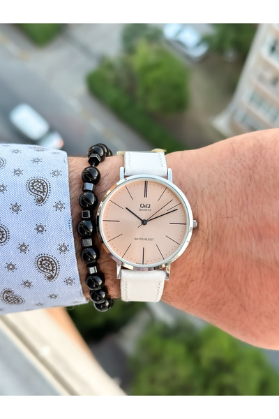 Q&Q Retro White Color 24 months Warranty, Waterproof, Leather Strap Men's Wristwatch+Bracelet
