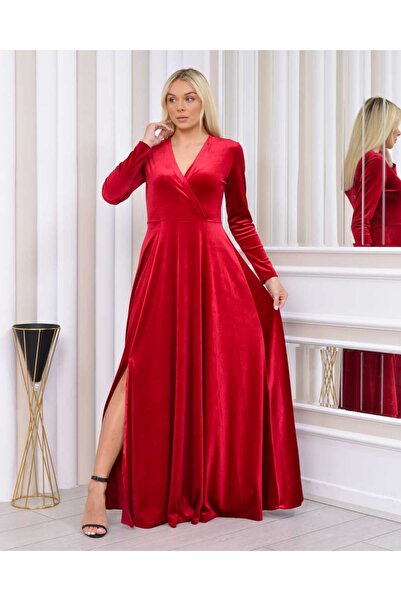 CİXAPLE Abiye Yırtmaçlı Kadife Elbise