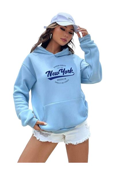 BENROMA Unisex New York Printed Blue Hooded Sweat