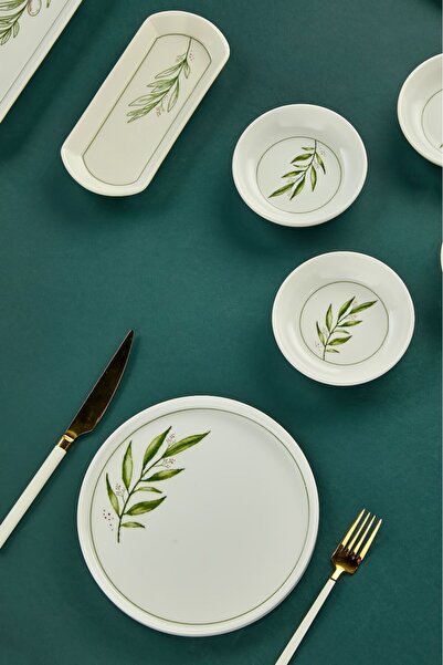 Erbaşlar Botanik Yeşil Kamelya Yaprak Desenli Lüx Seramik 14 Parça 6 Kişilik Kahvaltı Takımı, Seti