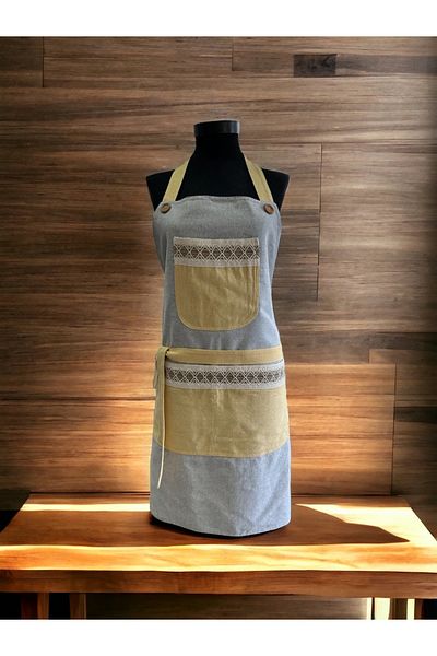 NDC HOME Gray Color Yellow Pocket Linen Modern Ethnic Style Double Layer Kitchen Apron