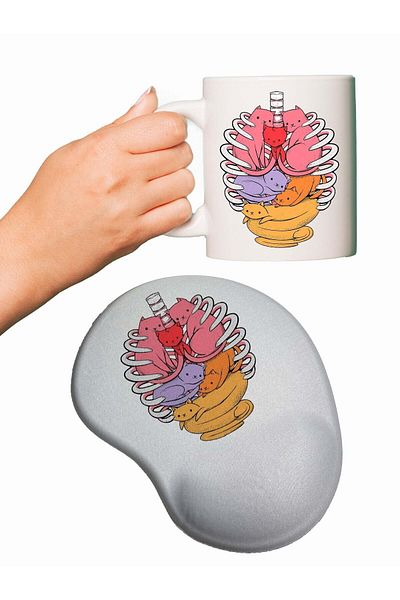 HobiShop Organ Cats Printed Wrist Support Mouse Pad + Cup Mug