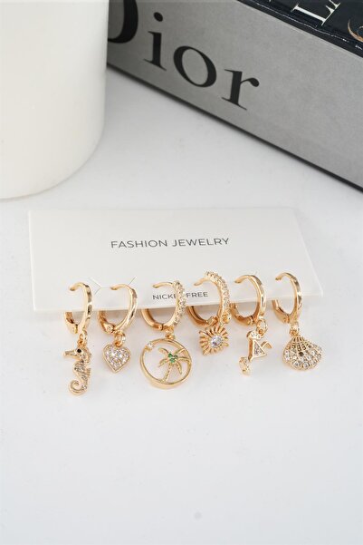 By Zeyna Aksesuar Kadın Vip Seri Mix Zirkon Taşlı 6'lı Küpe Seti