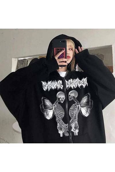 Gofeel Harajuku Hooded Double Skeleton Butterfly Printed Zippered Oversize Cardigan Streetwear