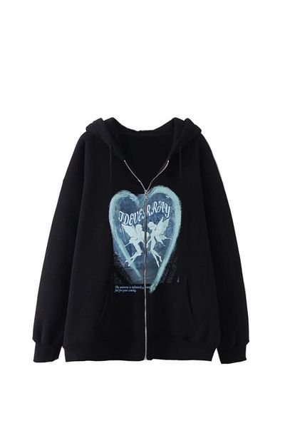 Gofeel Harajuku Hooded Bunny Love Printed Zippered Oversize Cardigan Streetwear