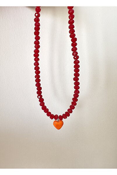 Atelier Çağla Turuncu Cam Murano Kalp Kırmızı Boncuk Kolye