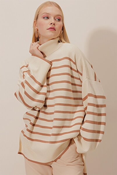 HAKKE Women's Wide Pattern Striped Knitwear Sweater