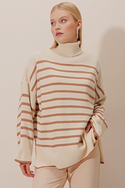HAKKE Women's Wide Pattern Striped Knitwear Sweater
