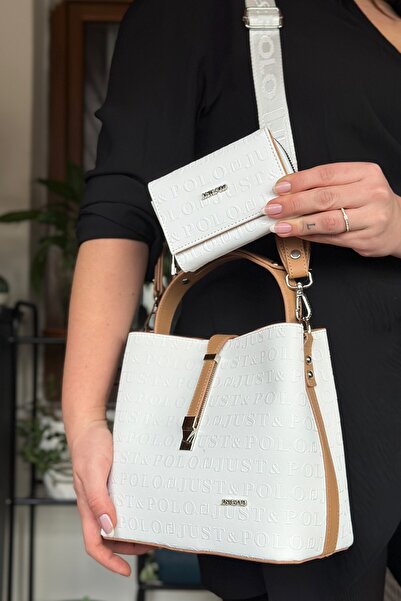 Just Polo S4 حقيبة كتف نسائية بيضاء متوسطة الحجم - طباعة منقوشة، قفل مفصل، 4 ...