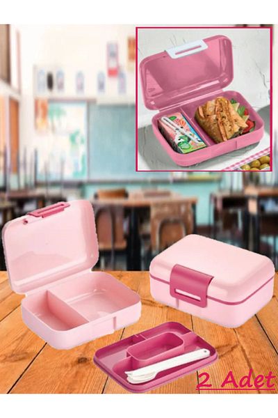 Bayev 2 Pieces Pink Compartment Lockable Lunch Box and Spoon Set Cookie Bread School Storage Container