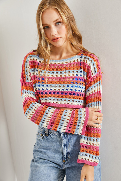 Bianco Lucci Durchbrochen gemusterter Strick-Crop-Pullover für Damen