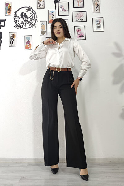 MissVina Pantaloni plisați cu picioare largi, cu detaliu de lanț și curea