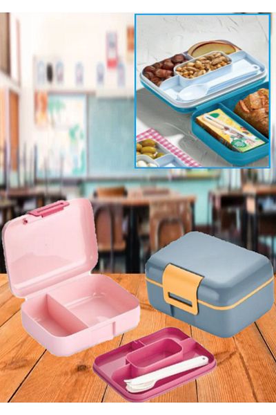 Bayev 2 Pieces (1 BLUE 1 PINK) Layered Compartment Lockable Lunch Box and Spoon Set Cookie Storage Container