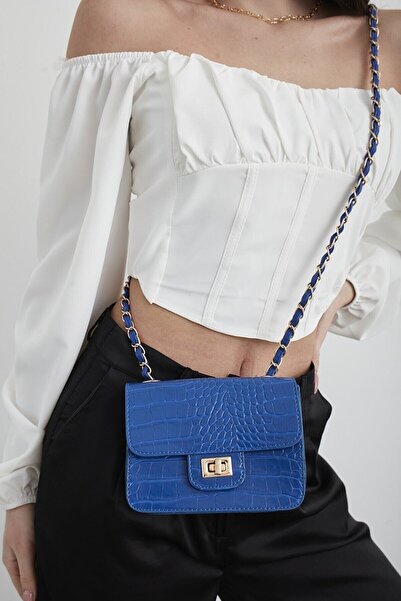 Bagfoni Kadın Saks Mavi Kroko Desenli Mini Omuz Çantası