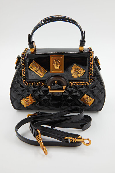 KRISTE BELL İthal Siyah Rugan Gold Metal Aksesuarlı Kadın Çanta