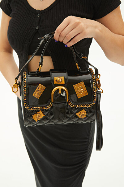 KRISTE BELL İthal Gold Aksesuarlı Siyah Rugan Çanta